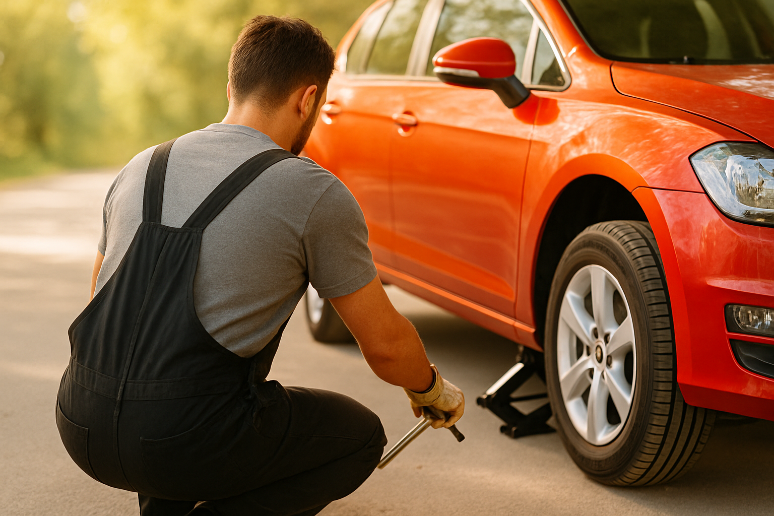 Mécanicien changeant un pneu sur une voiture rouge